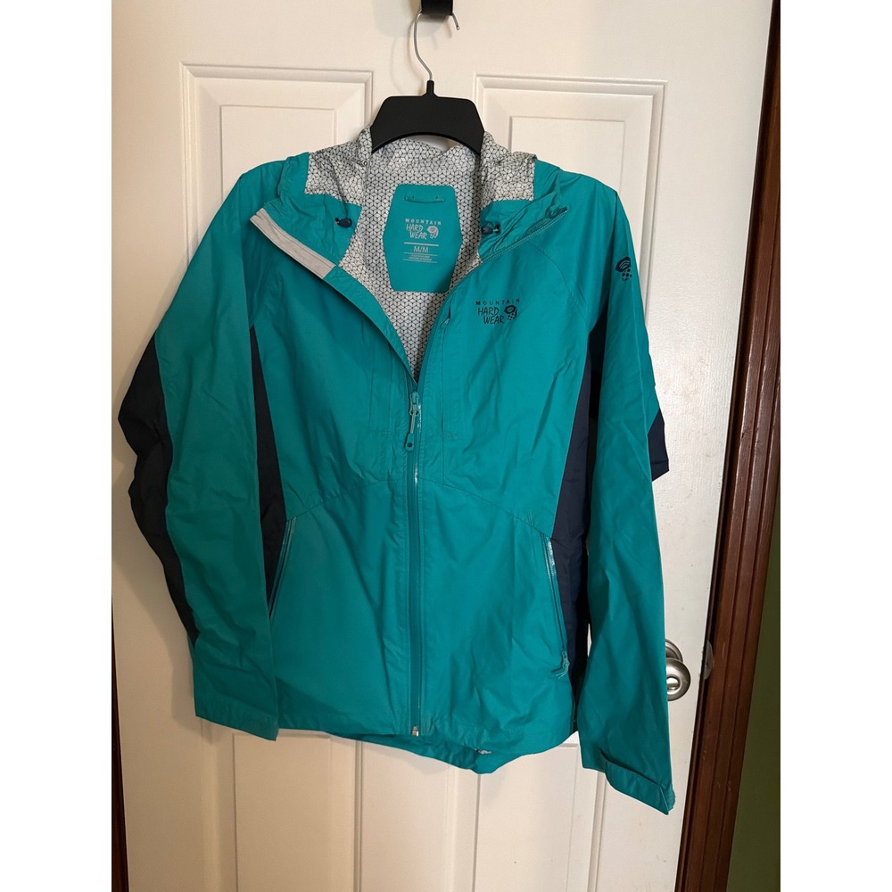 Mountain Hardwear Womens Teal Navy Colorblock Hooded Rain Jacket Size M NWT